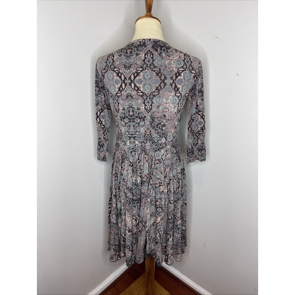 Peruvian Connection Gray Blue Pink 3/4 Sleeve v-neck Dress lightweight travel M - Picture 5 of 11
